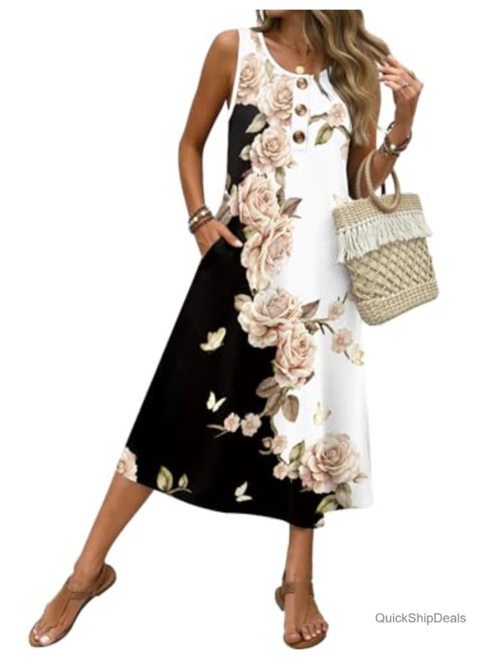 Women's Sleeveless Midi Sundress Button Down Beach Casual Dress Pockets